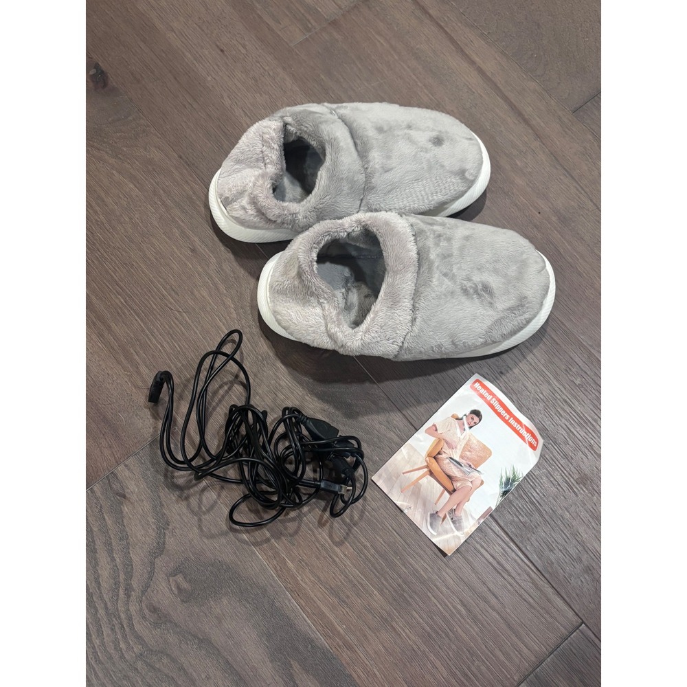 Electric Heated Plush Slippers Gray Faux Fur USB Powered Size 40-41 US 9-10